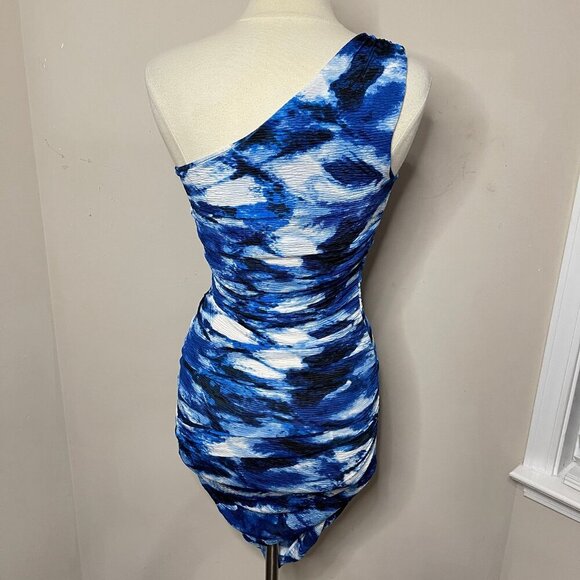 NWOT MISCREANTS One-Shoulder Ruched Mini Dress in Blue Tie Dye - Picture 6 of 12